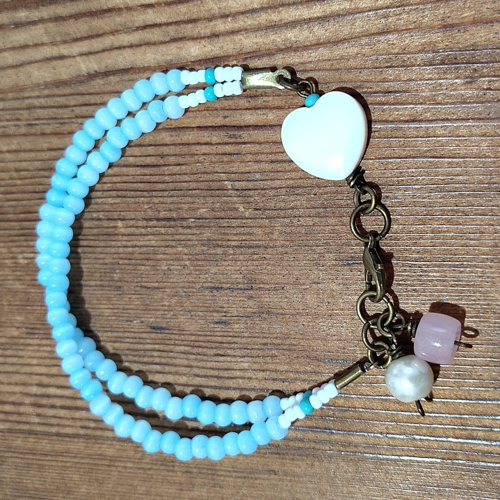 Ladies Double Strand Beaded Bracelet, Baby Blue Bracelet/Handmade Bracelet - Picture 3 of 7